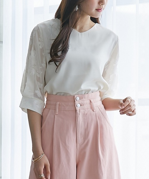 高身長 袖シアージャガードブラウス（セットアップ対応）（トールサイズ）fifiean（シャツ/ブラウス）｜slattgir（スラットジール）