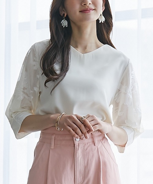 高身長 袖シアージャガードブラウス（セットアップ対応）（トールサイズ）fifiean（シャツ/ブラウス）｜slattgir（スラットジール）