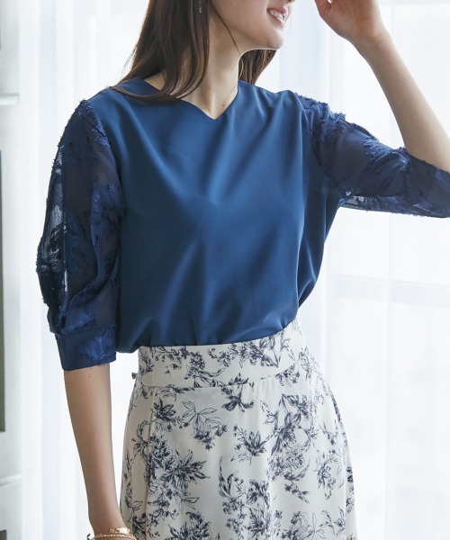 高身長 袖シアージャガードブラウス（セットアップ対応）（トールサイズ）fifiean（シャツ/ブラウス）｜slattgir（スラットジール）