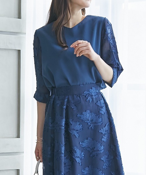 高身長 袖シアージャガードブラウス（セットアップ対応）（トールサイズ）fifiean（シャツ/ブラウス）｜slattgir（スラットジール）