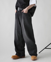 オーバーダイ/マルチ加工グランジバギーワイドデニムパンツ ペイント加工/ペンキ加工