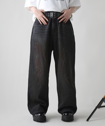 オーバーダイ/マルチ加工グランジバギーワイドデニムパンツ　ペイント加工／ペンキ加工
