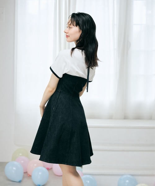韓国 ブラック デニム キャミワンピ ジャケット おしゃれ 可愛い AnnMiru（アンミル）の「【セットアップ】3way / デニム