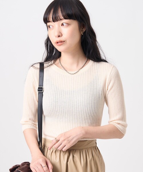 輝く高品質な セール】ウォッシャブル クルー5分袖ニット/サマーニット トップス