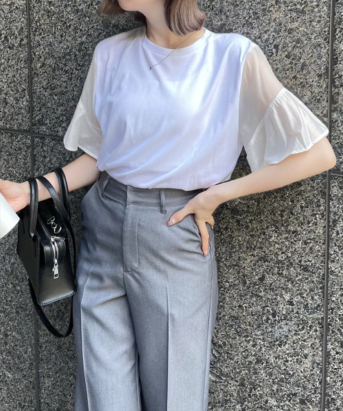 clear（クリア）の「異素材ドッキングフリルスリーブＴシャツ［大人 カジュアル］≪再入荷≫（Tシャツ/カットソー・レディース・オフホワイト/ミント/ブラック・F）」の2枚目の写真