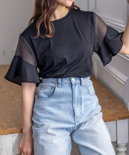 clear（クリア）の「異素材ドッキングフリルスリーブＴシャツ［大人 カジュアル］≪再入荷≫（Tシャツ/カットソー・レディース・オフホワイト/ミント/ブラック・F）」の3枚目の写真