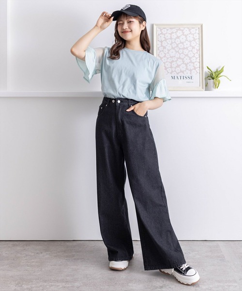 clear（クリア）の「異素材ドッキングフリルスリーブＴシャツ［大人 カジュアル］≪再入荷≫（Tシャツ/カットソー・レディース・オフホワイト/ミント/ブラック・F）」の4枚目の写真