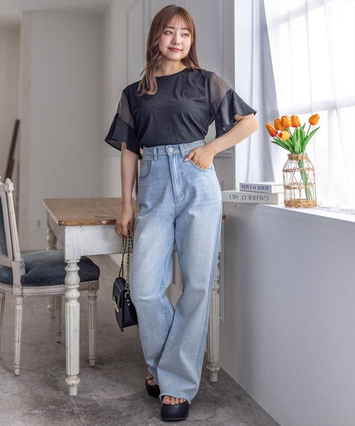 clear（クリア）の「異素材ドッキングフリルスリーブＴシャツ［大人 カジュアル］≪再入荷≫（Tシャツ/カットソー・レディース・オフホワイト/ミント/ブラック・F）」の5枚目の写真