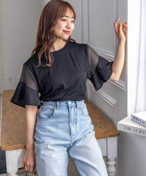 clear（クリア）の「異素材ドッキングフリルスリーブＴシャツ［大人 カジュアル］≪再入荷≫（Tシャツ/カットソー・レディース・オフホワイト/ミント/ブラック・F）」の18枚目の写真