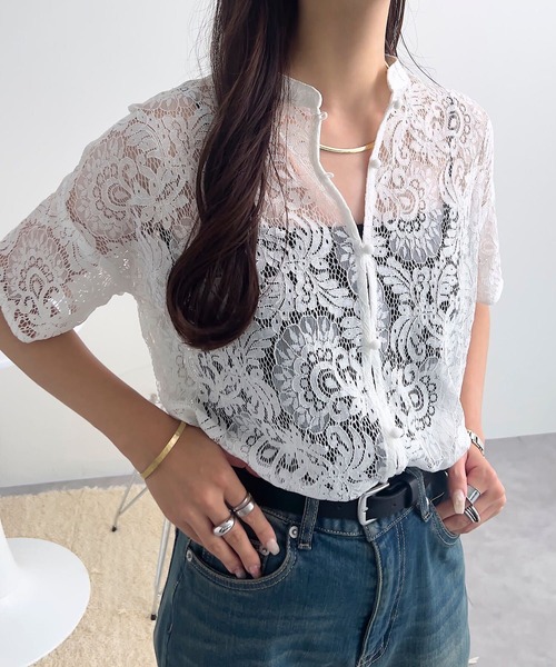 セール】バンドカラー花柄シアーレースブラウス（シャツ