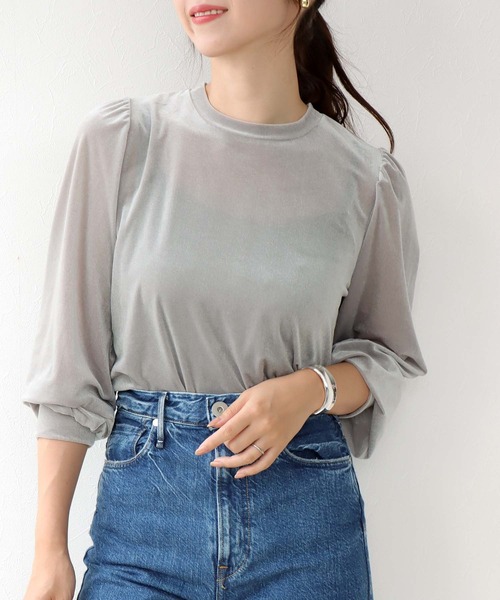 tシャツ シアートリコット ベロアパフスリーブトップス レディース Jines tシャツ シアートリコット ベロアパフスリーブトップス