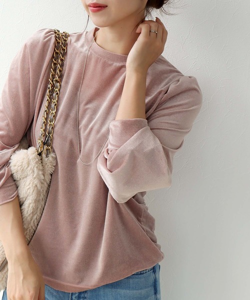 tシャツ シアートリコット ベロアパフスリーブトップス レディース Jines tシャツ シアートリコット ベロアパフスリーブトップス