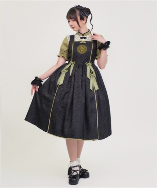 axes femme kawaii(アクシーズファムカワイイ)の「牡丹刺繍チャイナジャンスカ(ジャンパースカート・レディース・ワイン/ブラック/ミント・MEDIUM)」の2枚目の写真