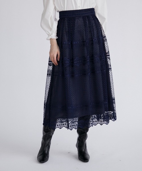 【セール】ボーダー柄ケミカルレーススカート（スカート）｜Maglie le cassetto（マーリエ ル カセット）