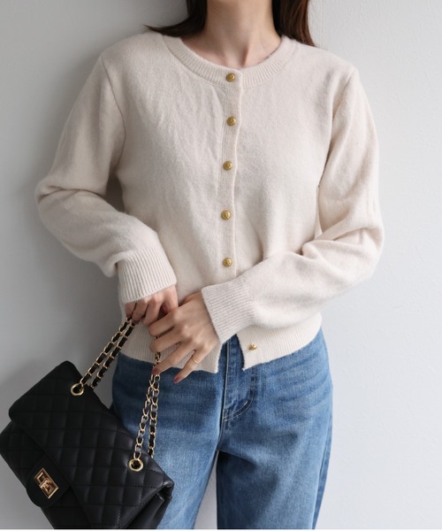 セール】クルーネックカーディガン/カーデ/金ボタン/ゴールド