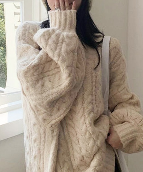 Miniministore(ミニミニストア)の「ケーブル編み ニットトップス レディース(ニット/セーター・レディース・ベージュ/ピンク/アイボリー/ミント/グレー/ダークブルー・FREE)」の3枚目の写真