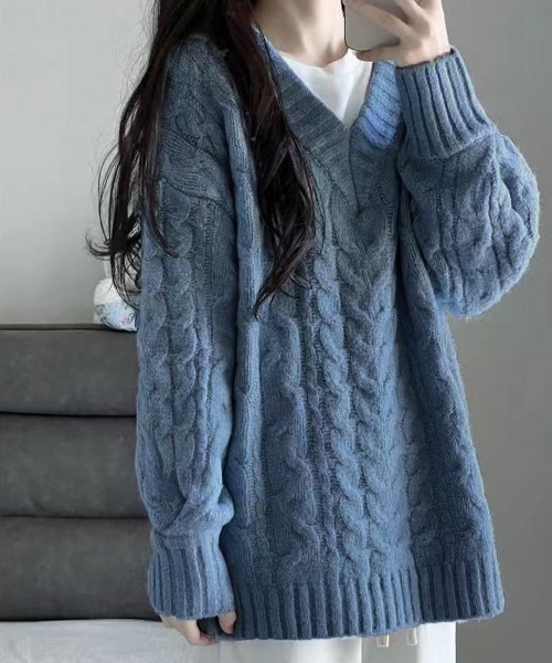 Miniministore(ミニミニストア)の「ケーブル編み ニットトップス レディース(ニット/セーター・レディース・ベージュ/ピンク/アイボリー/ミント/グレー/ダークブルー・FREE)」の5枚目の写真