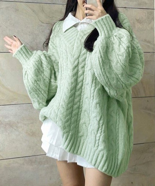 Miniministore(ミニミニストア)の「ケーブル編み ニットトップス レディース(ニット/セーター・レディース・ベージュ/ピンク/アイボリー/ミント/グレー/ダークブルー・FREE)」の4枚目の写真