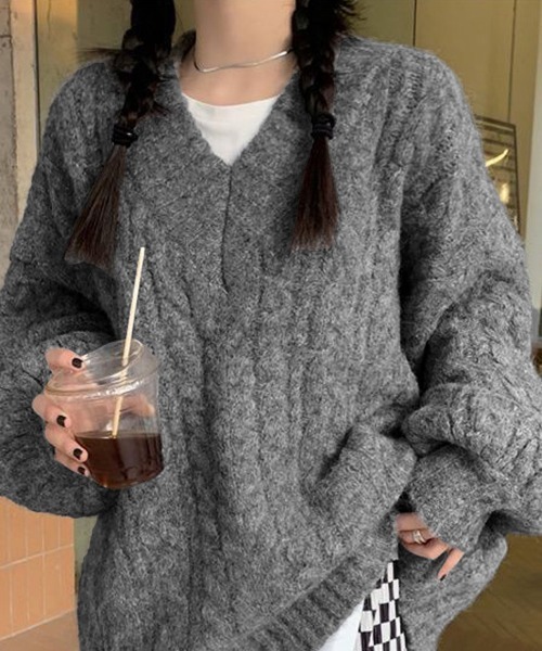 Miniministore(ミニミニストア)の「ケーブル編み ニットトップス レディース(ニット/セーター・レディース・ベージュ/ピンク/アイボリー/ミント/グレー/ダークブルー・FREE)」の18枚目の写真