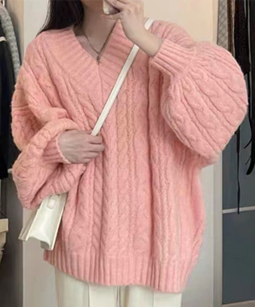 Miniministore(ミニミニストア)の「ケーブル編み ニットトップス レディース(ニット/セーター・レディース・ベージュ/ピンク/アイボリー/ミント/グレー/ダークブルー・FREE)」の16枚目の写真