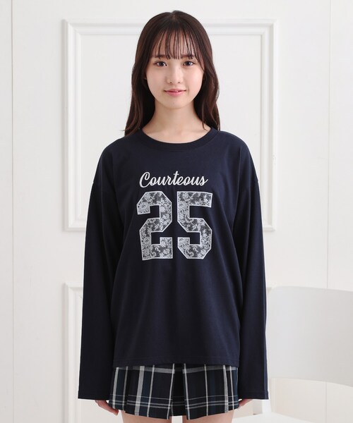 PINK-latte（ピンクラテ）の「レースプリントナンバリングロンT（Tシャツ/カットソー・キッズ・アイボリー/ネイビー/グレー/ライトブルー・14/13/16/15 ）」の15枚目の写真