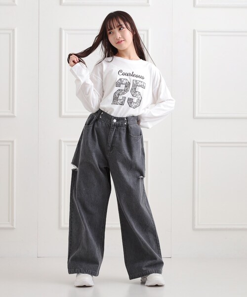PINK-latte（ピンクラテ）の「レースプリントナンバリングロンT（Tシャツ/カットソー・キッズ・アイボリー/ネイビー/グレー/ライトブルー・14/13/16/15 ）」の22枚目の写真