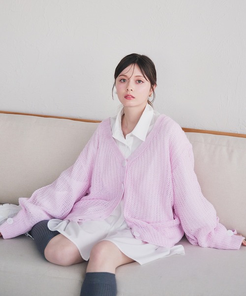 セール】shell button sheer mix knit cardigan/ シェルボタンシアー