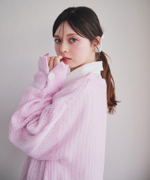 セール】shell button sheer mix knit cardigan/ シェルボタン