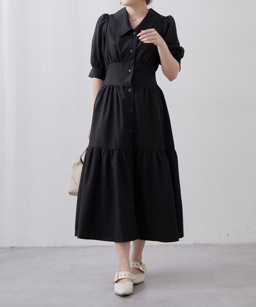 continuer de NICE CLAUP(コンティニューデナイスクラップ)の「【フェミニン春ワンピ】ティアード半袖ワンピ(ワンピース・レディース・ブラック/ベージュ/ライトブルーグレー・FREE)」の4枚目の写真