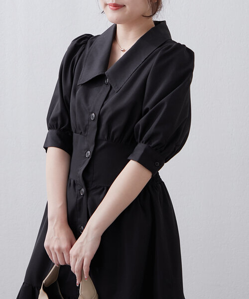 continuer de NICE CLAUP(コンティニューデナイスクラップ)の「【フェミニン春ワンピ】ティアード半袖ワンピ(ワンピース・レディース・ブラック/ベージュ/ライトブルーグレー・FREE)」の6枚目の写真