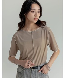 前後2WAYシアーカットソー配色半袖トップス