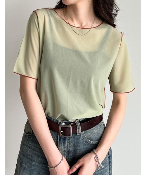 Re:EDIT(リエディ)の「前後2WAYシアーカットソー配色半袖トップス(Tシャツ/カットソー・レディース・ブラック/グレイッシュベージュ/ブルー/グリーン・MEDIUM/LARGE)」の3枚目の写真