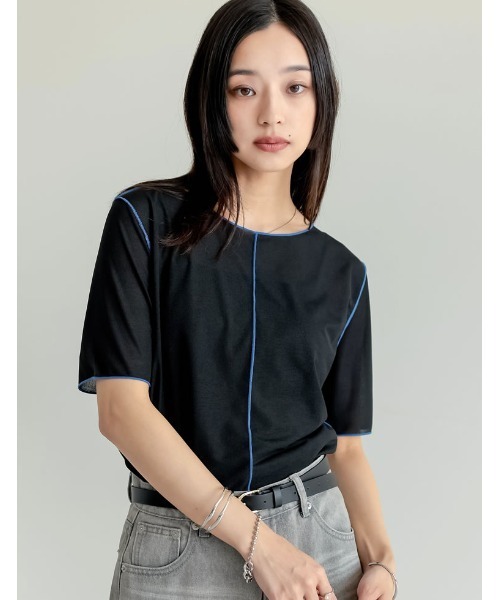 Re:EDIT(リエディ)の「前後2WAYシアーカットソー配色半袖トップス(Tシャツ/カットソー・レディース・ブラック/グレイッシュベージュ/ブルー/グリーン・MEDIUM/LARGE)」の1枚目の写真