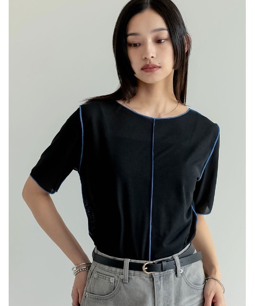 Re:EDIT(リエディ)の「前後2WAYシアーカットソー配色半袖トップス(Tシャツ/カットソー・レディース・ブラック/グレイッシュベージュ/ブルー/グリーン・MEDIUM/LARGE)」の5枚目の写真