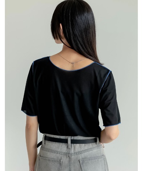 Re:EDIT(リエディ)の「前後2WAYシアーカットソー配色半袖トップス(Tシャツ/カットソー・レディース・ブラック/グレイッシュベージュ/ブルー/グリーン・MEDIUM/LARGE)」の7枚目の写真