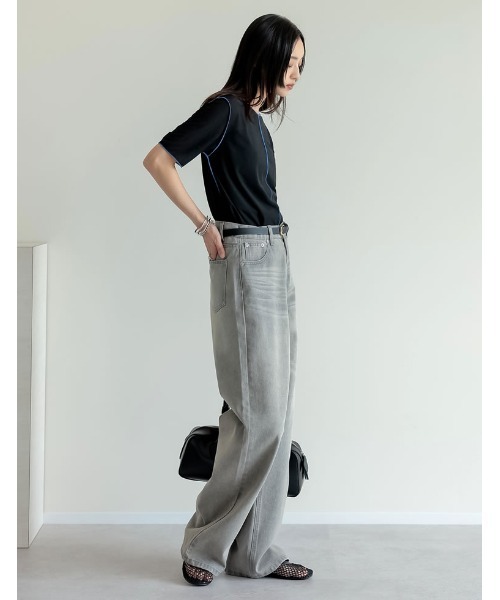 Re:EDIT(リエディ)の「前後2WAYシアーカットソー配色半袖トップス(Tシャツ/カットソー・レディース・ブラック/グレイッシュベージュ/ブルー/グリーン・MEDIUM/LARGE)」の8枚目の写真