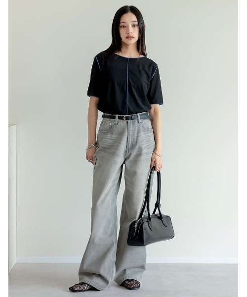 Re:EDIT(リエディ)の「前後2WAYシアーカットソー配色半袖トップス(Tシャツ/カットソー・レディース・ブラック/グレイッシュベージュ/ブルー/グリーン・MEDIUM/LARGE)」の6枚目の写真