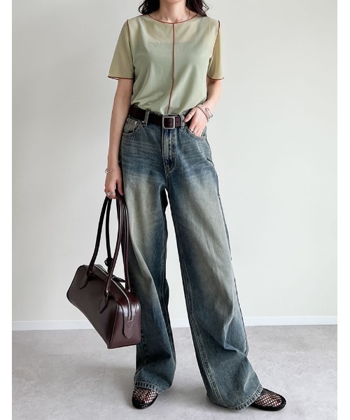 Re:EDIT(リエディ)の「前後2WAYシアーカットソー配色半袖トップス(Tシャツ/カットソー・レディース・ブラック/グレイッシュベージュ/ブルー/グリーン・MEDIUM/LARGE)」の17枚目の写真