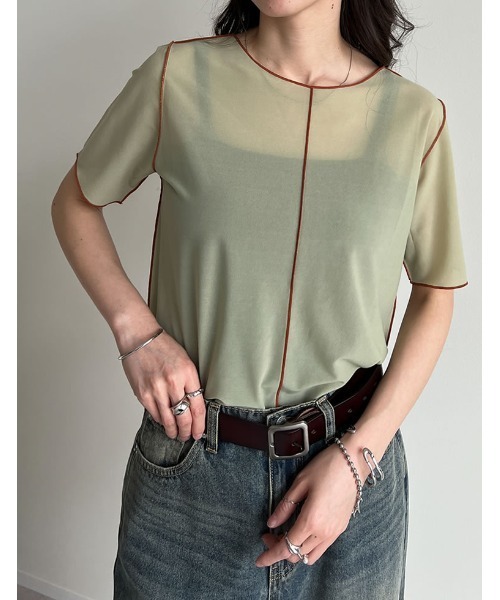 Re:EDIT(リエディ)の「前後2WAYシアーカットソー配色半袖トップス(Tシャツ/カットソー・レディース・ブラック/グレイッシュベージュ/ブルー/グリーン・MEDIUM/LARGE)」の18枚目の写真