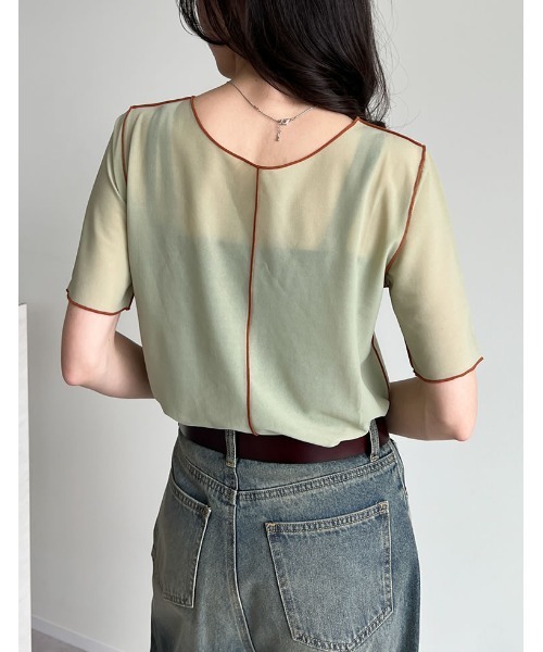 Re:EDIT(リエディ)の「前後2WAYシアーカットソー配色半袖トップス(Tシャツ/カットソー・レディース・ブラック/グレイッシュベージュ/ブルー/グリーン・MEDIUM/LARGE)」の19枚目の写真