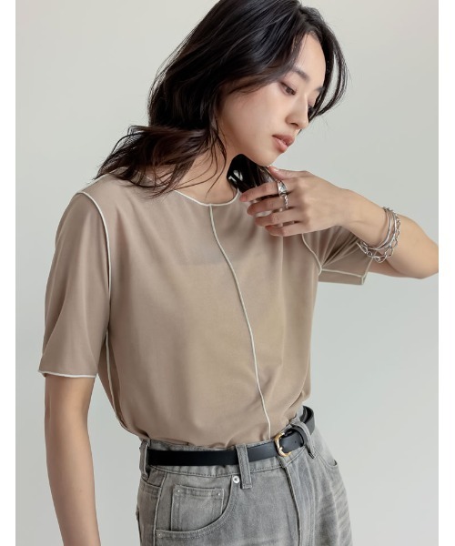 Re:EDIT(リエディ)の「前後2WAYシアーカットソー配色半袖トップス(Tシャツ/カットソー・レディース・ブラック/グレイッシュベージュ/ブルー/グリーン・MEDIUM/LARGE)」の9枚目の写真