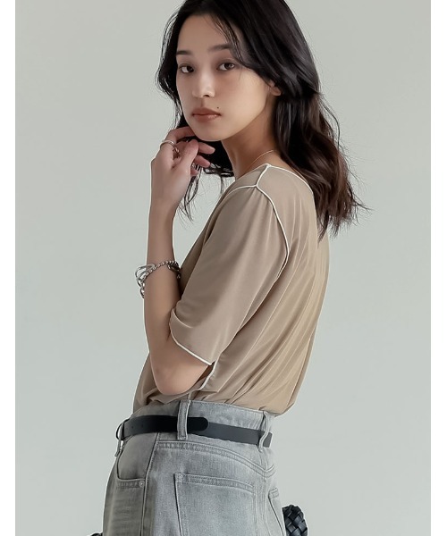 Re:EDIT(リエディ)の「前後2WAYシアーカットソー配色半袖トップス(Tシャツ/カットソー・レディース・ブラック/グレイッシュベージュ/ブルー/グリーン・MEDIUM/LARGE)」の11枚目の写真