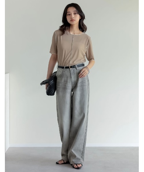 Re:EDIT(リエディ)の「前後2WAYシアーカットソー配色半袖トップス(Tシャツ/カットソー・レディース・ブラック/グレイッシュベージュ/ブルー/グリーン・MEDIUM/LARGE)」の10枚目の写真