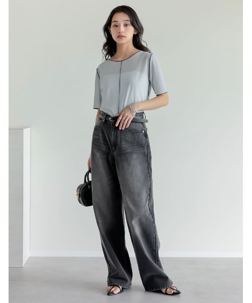 Re:EDIT(リエディ)の「前後2WAYシアーカットソー配色半袖トップス(Tシャツ/カットソー・レディース・ブラック/グレイッシュベージュ/ブルー/グリーン・MEDIUM/LARGE)」の13枚目の写真