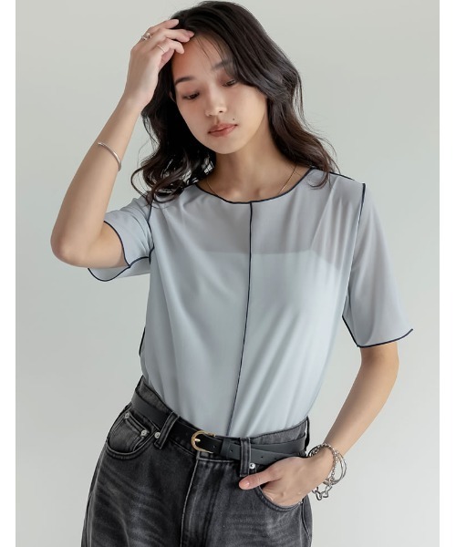 Re:EDIT(リエディ)の「前後2WAYシアーカットソー配色半袖トップス(Tシャツ/カットソー・レディース・ブラック/グレイッシュベージュ/ブルー/グリーン・MEDIUM/LARGE)」の14枚目の写真