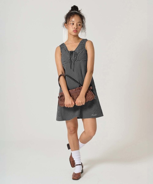 チェック柄 ノースリーブギャザーワンピース TINA：JOJUN