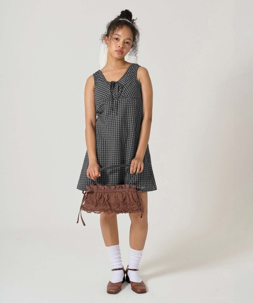 チェック柄 ノースリーブギャザーワンピース TINA：JOJUN チェック柄 ノースリーブギャザーワンピース TINA：JOJUN