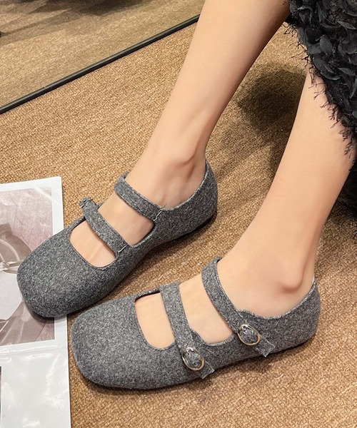 セール】【shoes 365】ダブルストラップフラットシューズ