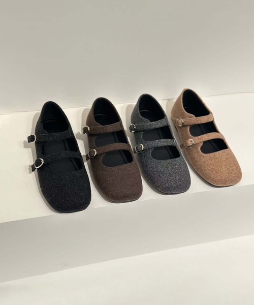 セール】【shoes 365】ダブルストラップフラットシューズ