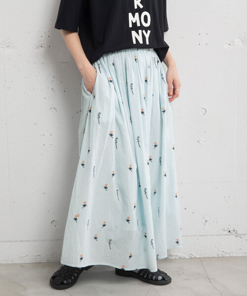 POU DOU DOU（プードゥドゥ）の「＜made in INDIA＞シロツメクサ刺繍ギャザースカート（スカート・レディース・ライトブルー/キナリ/ダークグレー・M）」の10枚目の写真